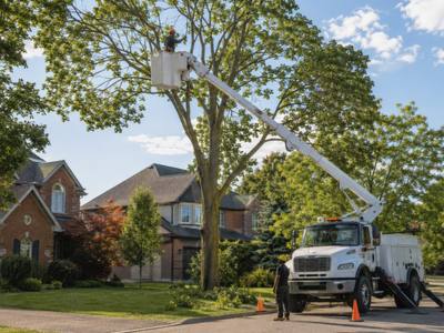 Bucket truck raised into a mature street tree