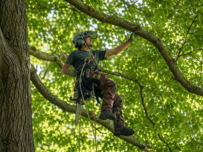 Climber working out along a limb inside a dense summer canopy