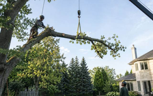 Heavy limb lowered out of the crown on a rigging line during a reduction