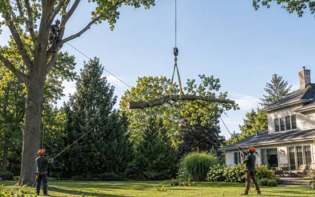 Cut section lowered onto the front lawn on a rigging line during cleanup